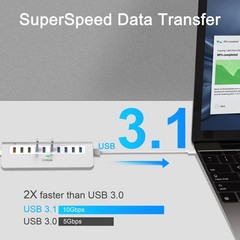 Powered USB Hub 10Gbps, 10 Port USB 3.1 Gen 2 Hub with 7 USB 3.1 Data Ports, …