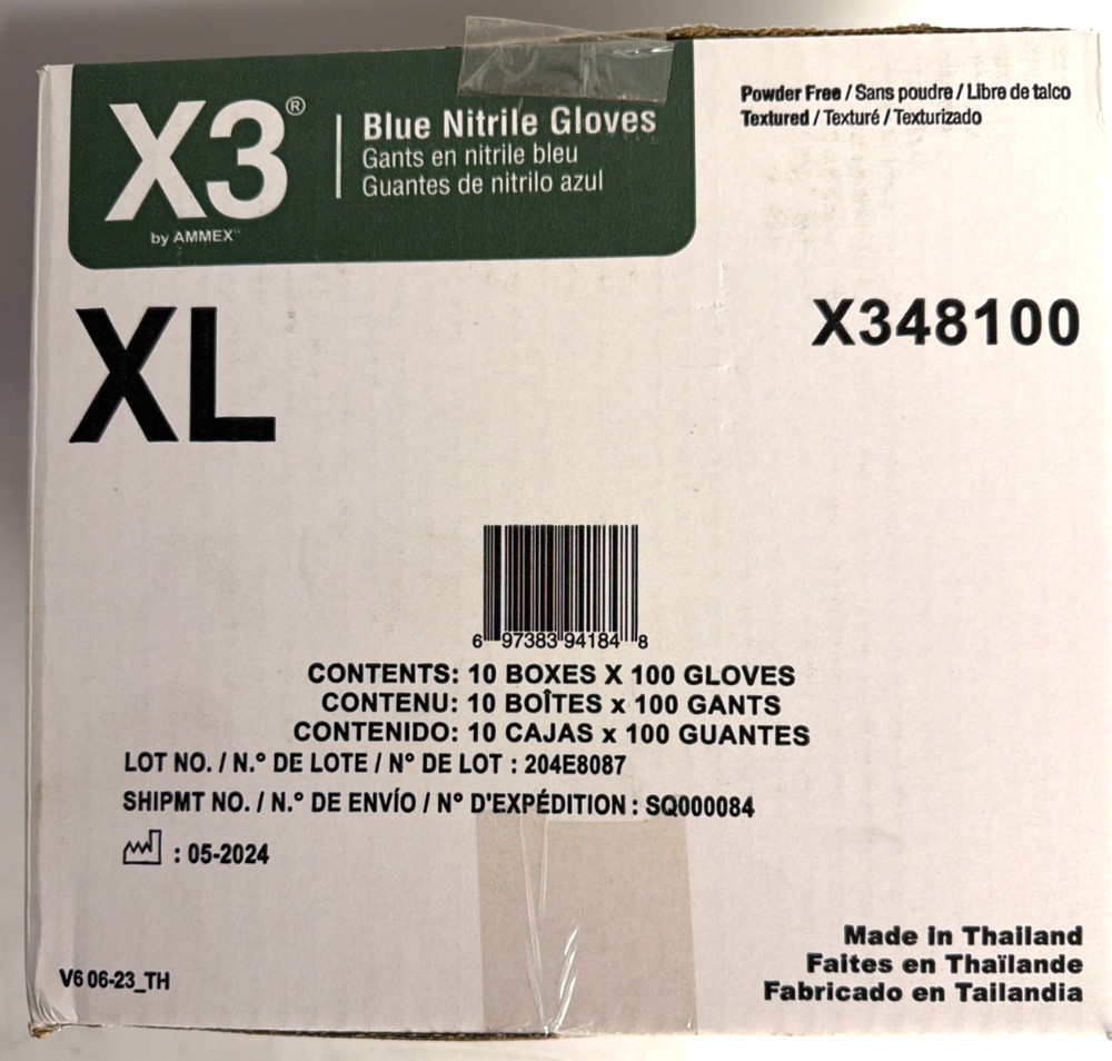 [NEW] (X348100) AMMEX X3 Blue Nitrile Disposable Gloves, Powder-Free, XL