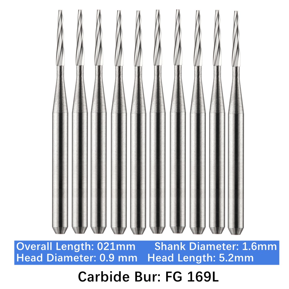 Vakker 10pc Dental Carbide Burs Long Shank FG 169L Friction Grip Taper Flat End