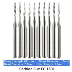 Vakker 10pc Dental Carbide Burs Long Shank FG 169L Friction Grip Taper Flat End