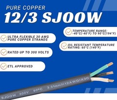 WindyNation 2-DAY SHIPPING 12/3 SJOOW Cable 12 Gauge 3 Conductor 300V Cable Wire
