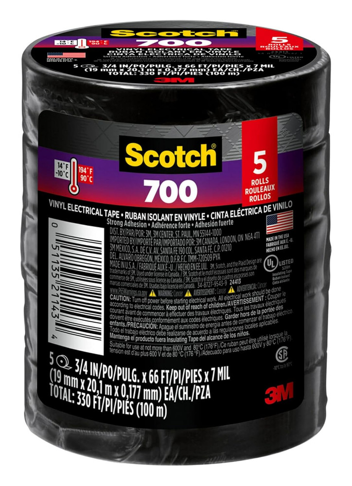 Vinyl 700 Electrical Tape, 5 Rolls, Black, 3/4-In X 66-Ft, Commercial Grade, Rat
