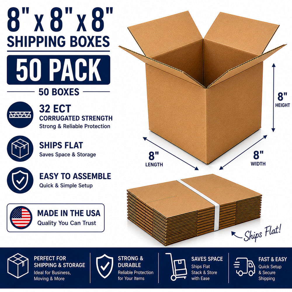 8x8x8 Shipping Boxes 32 ECT Corrugated Cardboard Mailing Boxes 50 Pack