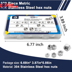 370 Pcs Metric Hex Nuts Assortment Kit, M2 M2.5 M3 M4 M5 M6 M8 M10 M12, 304 Stai