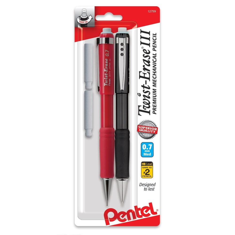 Pentel Twist-Erase III Pencil 0.7 mm Assorted Colors 2-Pack 2 Eraser Refills