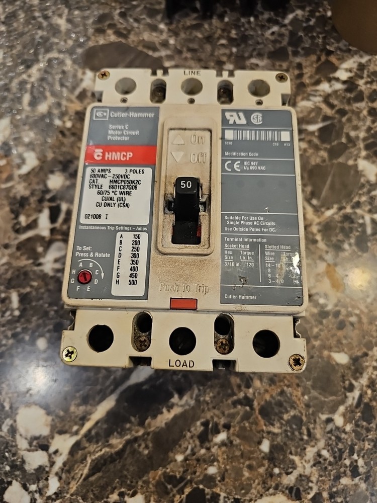 Cutler Hammer HMCP050K2 C Style 6601C86G08 Motor Circuit Protector 50A 3P 600V