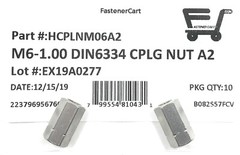(10) M6-1.00 Stainless Steel DIN6334 Metric Hex Coupling Nuts (18mm Long) A2-70