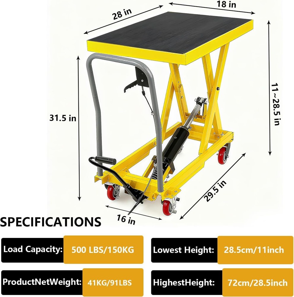 GRAVEE 500 LB Hydraulic Lift Table Cart Single Scissor Lift Table Adjust Height