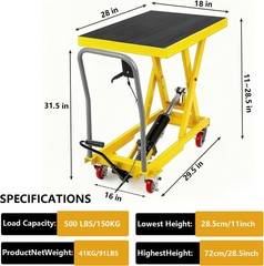 GRAVEE 500 LB Hydraulic Lift Table Cart Single Scissor Lift Table Adjust Height