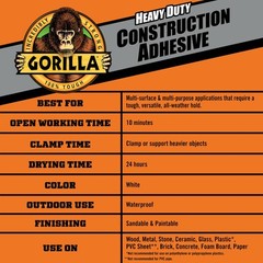 Gorilla Heavy Duty Construction Adhesive Waterproof All Purpose Bonding Glue …