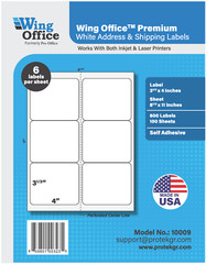 WING OFFICE 3000 Premium Shipping Labels Blank Self Adhesive 6 per Sheet 3.33X 4