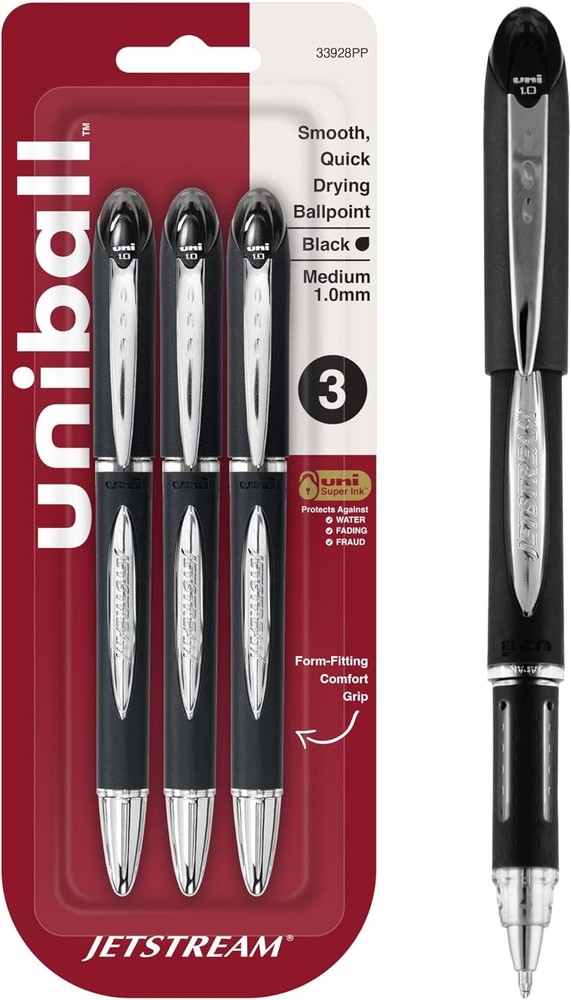 Uni-Ball 33928PP Jetstream Ballpoint Pens, Bold Point 1.0Mm , Black, 3 Count