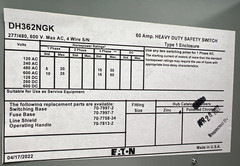 Eaton DH362NGK Safety Disconnect Switch 60A 3P 600V Type 1 Indoor Enclosure New
