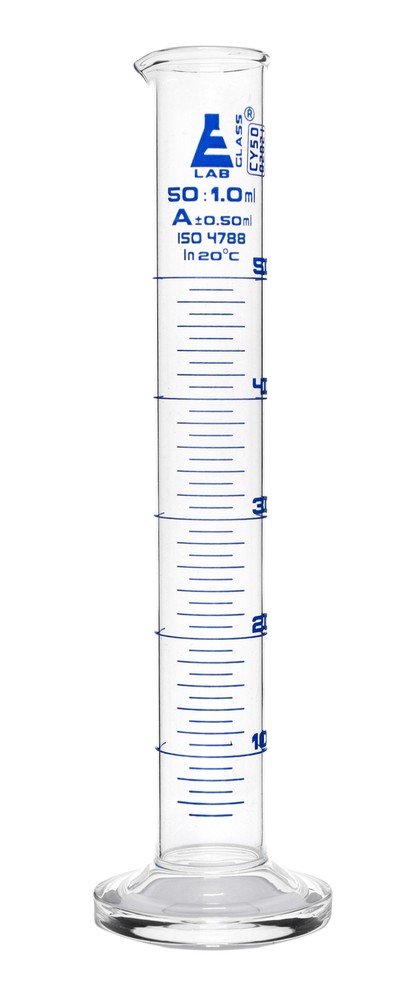 Eisco Labs 50ml Graduated Cylinder, Class A – Blue Graduations, Round Base