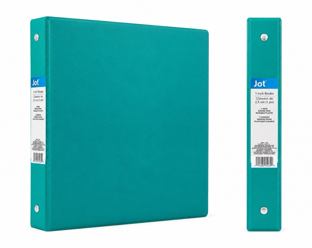 Jot 1in 3-Ring Durable Plastic Storage Binder, 175 Sheet Capacity, Teal
