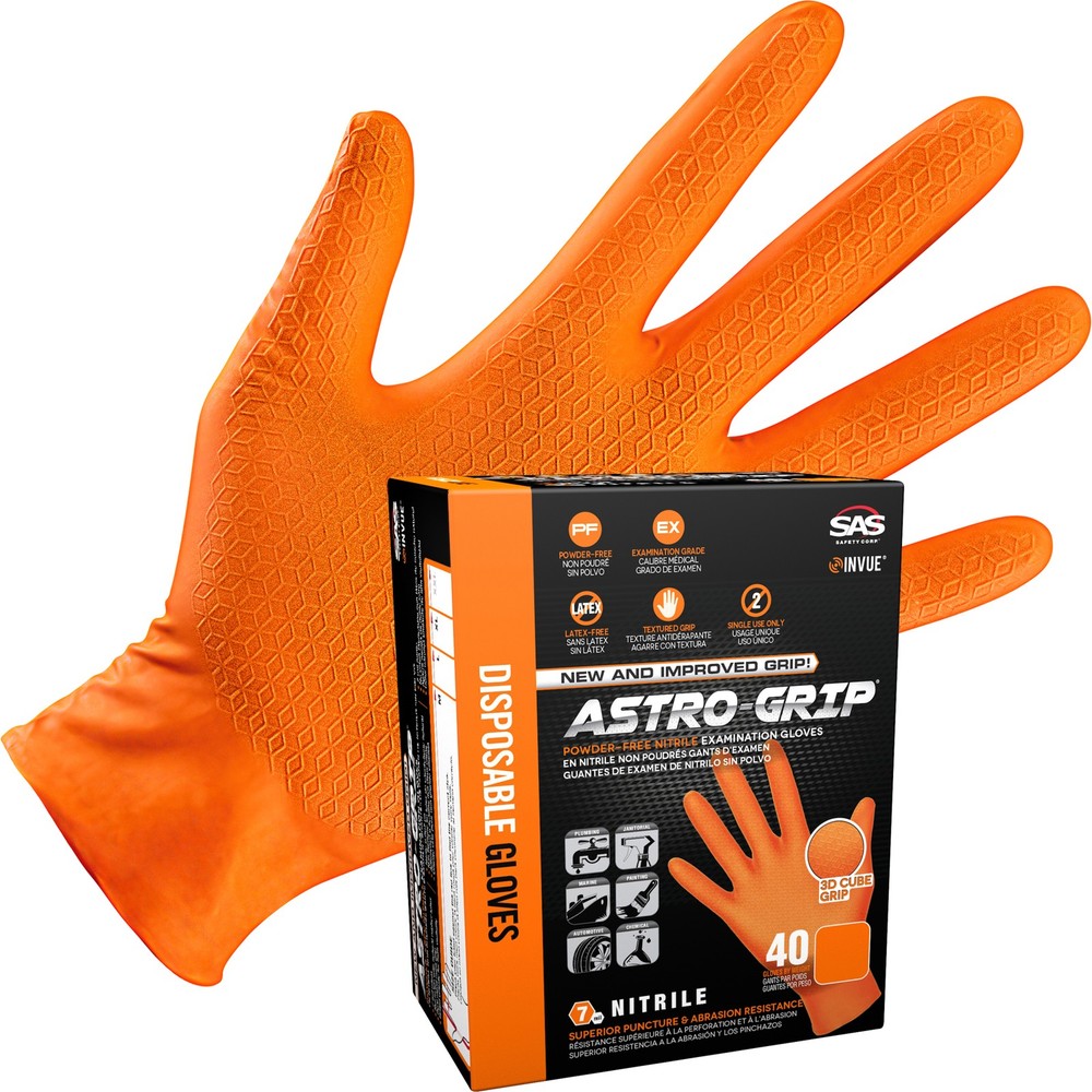 SAS Safety, Astro-Grip Orange Disposable Nitrile Glove 40 PK, Size L, Color