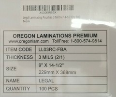 Oregon Thermal Laminating Pouches (LL03RC-FBA) – 100 Pack, 3mils, 9″x14.5″ Legal