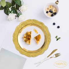 100 Pack Gold Plastic Charger Plates, 12.8 Inch, Spray Painted, for Wedding Part