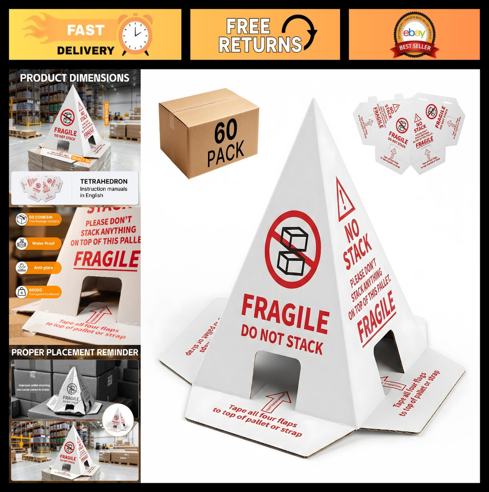 60-Pack Water-Resistant Do Not Stack Pallet Cones | Cardboard Shipping Alert Sig