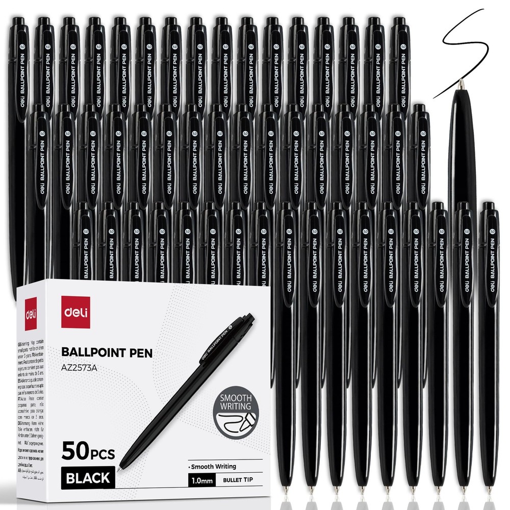 deli Pens Bulk, 50 Pcs Retractable Ballpoint 50 Count (Pack of 1), Black