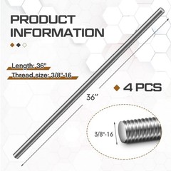 Blulu 4 Pcs 3/8″-16 Fully Threaded Rod, 36″ Length, 304 Stainless Steel Long …