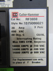 NEW Cutler Hammer RF3030 30 Amp 600V 3-Pole Circuit Breaker 30A 1375D86G21