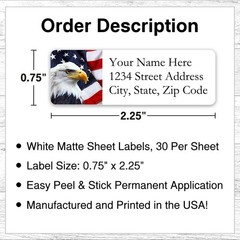 60 Return Address Labels Personalized Printed 3/4 x 2 1/4 American Eagle & Flag