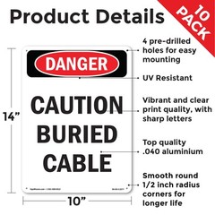 Caution Buried Cable OSHA Danger Sign Metal, Plastic, Or Decal – 5 or 10 Pack