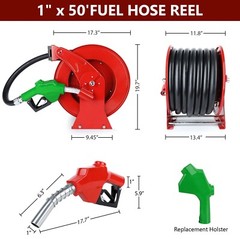 Red Diesel Fuel Hose Reel Retractable 1″ x 50′ Spring Driven Auto Swivel Rewind