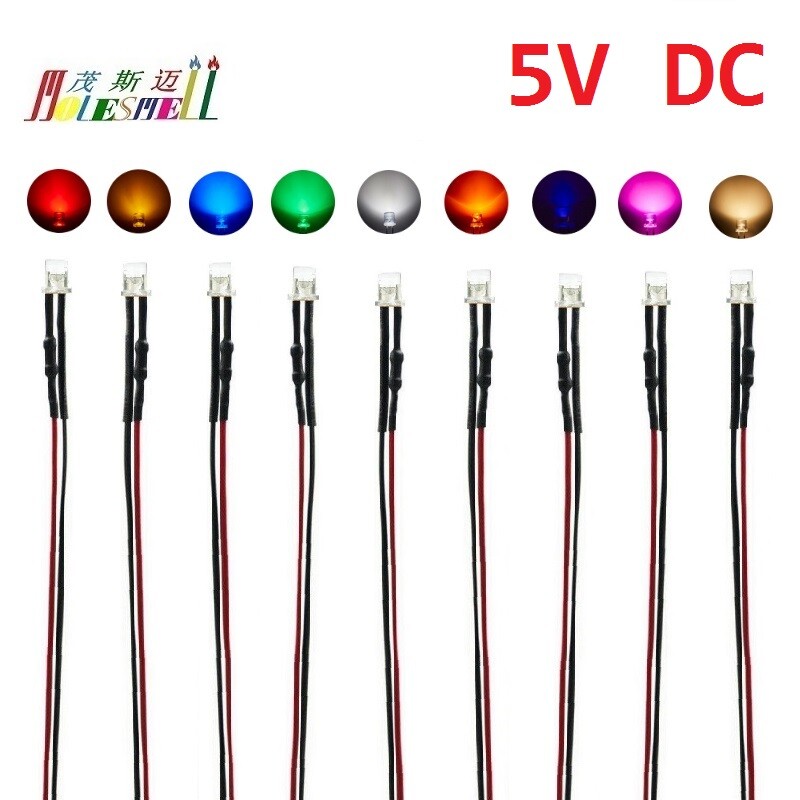 3mm Flat 5V Pre-Wired Red Yellow Blue Green White Orange UV Pink Warm white Leds