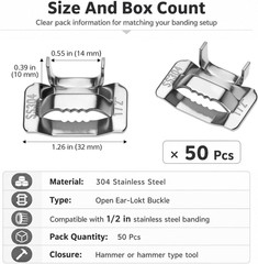 50Pcs 1/2″ 304 Stainless Steel Strapping Buckles Metal Banding Clips Heavy Duty