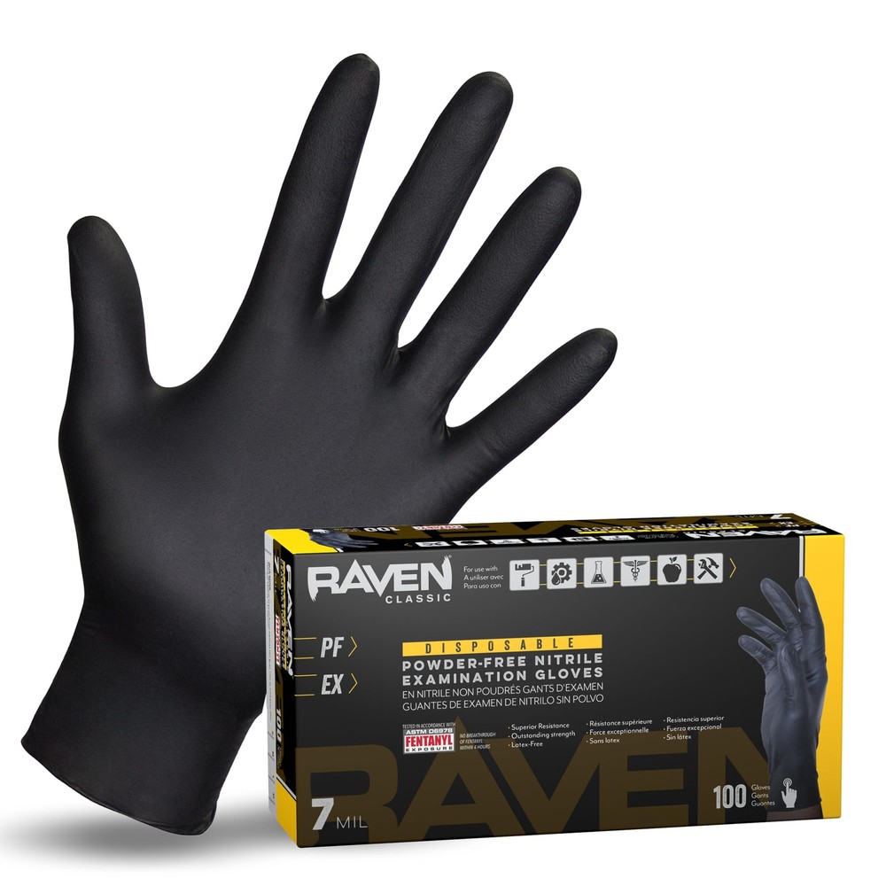 Safety 66518 Raven Powder-Free Disposable Black Nitrile 7-Mil Gloves, Large, …
