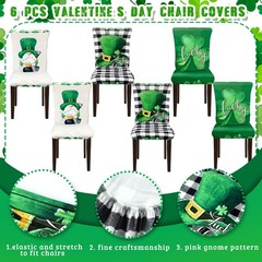 Dining Chair Cover, 6 Pcs St. Patrick’s Day, Shamrock Gnome, Plaid, Stretchable,