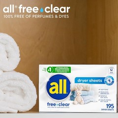 All Free Clear Unscented Fabric Softener Dryer Sheets, 195 Count
