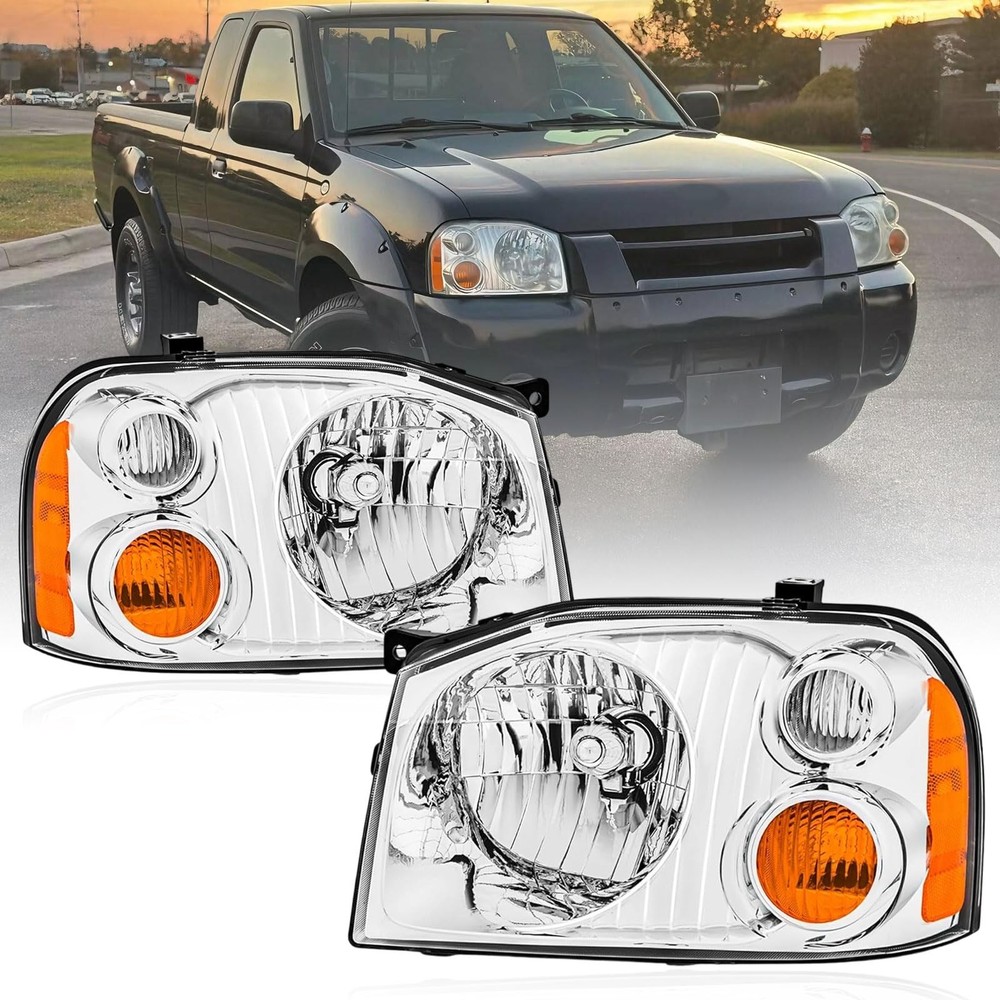 Headlight Assembly Pair 2001-2004 Nissan Frontier Halogen Chrome Amber NI2503130