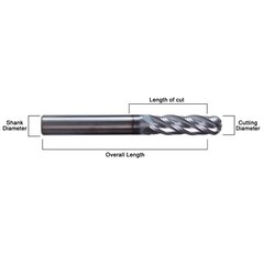 1/4″ 4 Flute 2-1/2″ Overall Length Ball Nose Solid Carbide End Mill AlTiN Coated