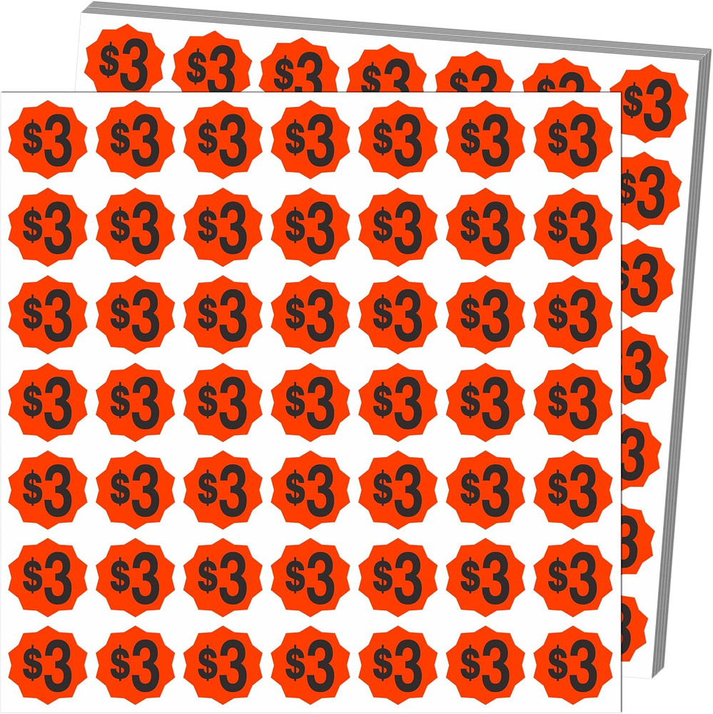 Fluorescent Orange Price Stickers, 3/4 Inch round Labels, 1470 Pre-Printed $3 Ta