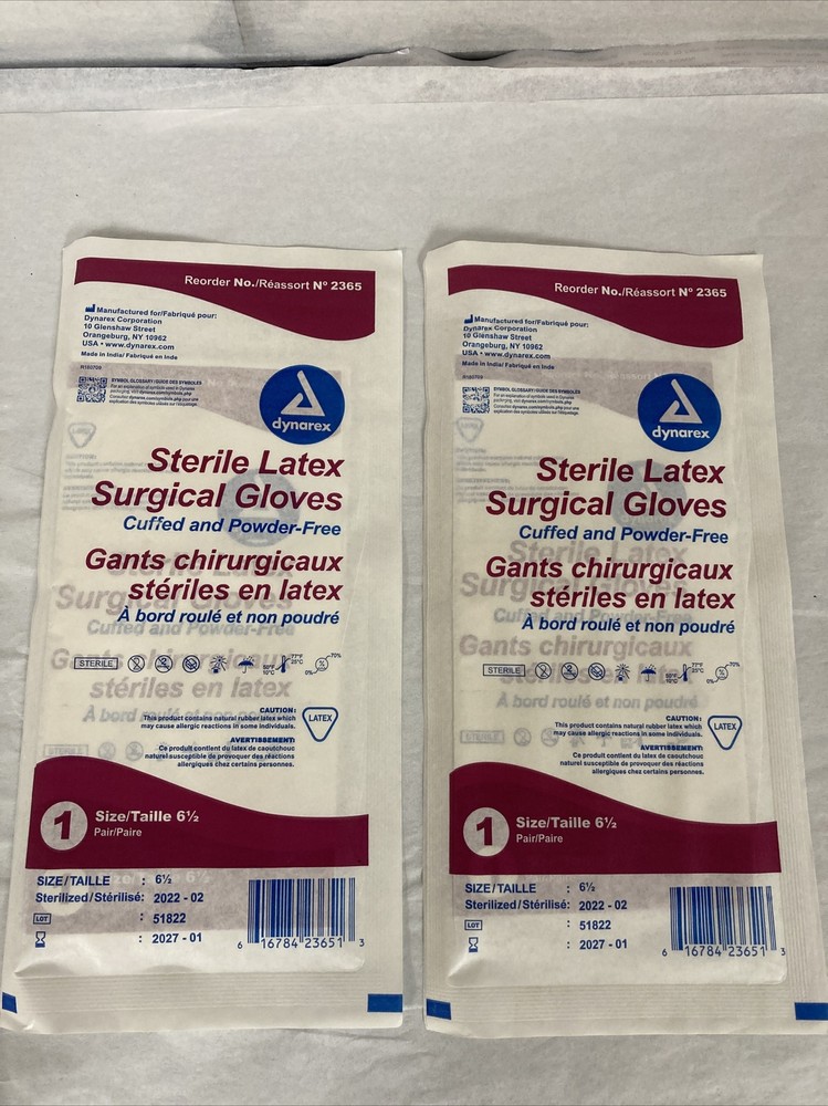 Dynarex #2365 Sterile Latex Surgical Gloves, Size 6.5 – lot of 2 pairs