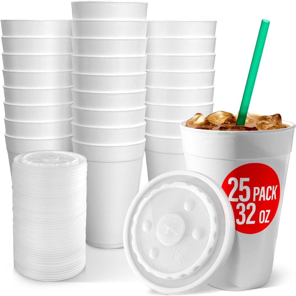 32 Oz Styrofoam Cups with Lids (25 Pack) Large Foam Cups for Hot and Cold Drinks