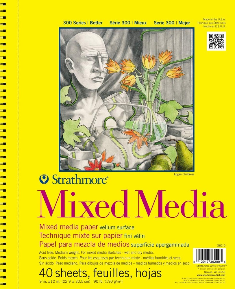 Strathmore 300 Series Mixed Media Paper Pad, Side Wire 9 x 12 inches, White
