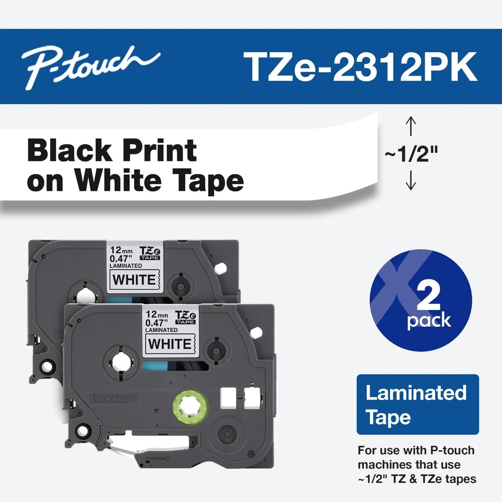 New Genuine Brother P-Touch TZe-2312PK Black on White 1/2″ (12mm) Tape (2-PACK)