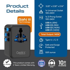 6 in 1 International Power Adapter with PD 140W USB-, 1x USB-A, 3X , Universa…