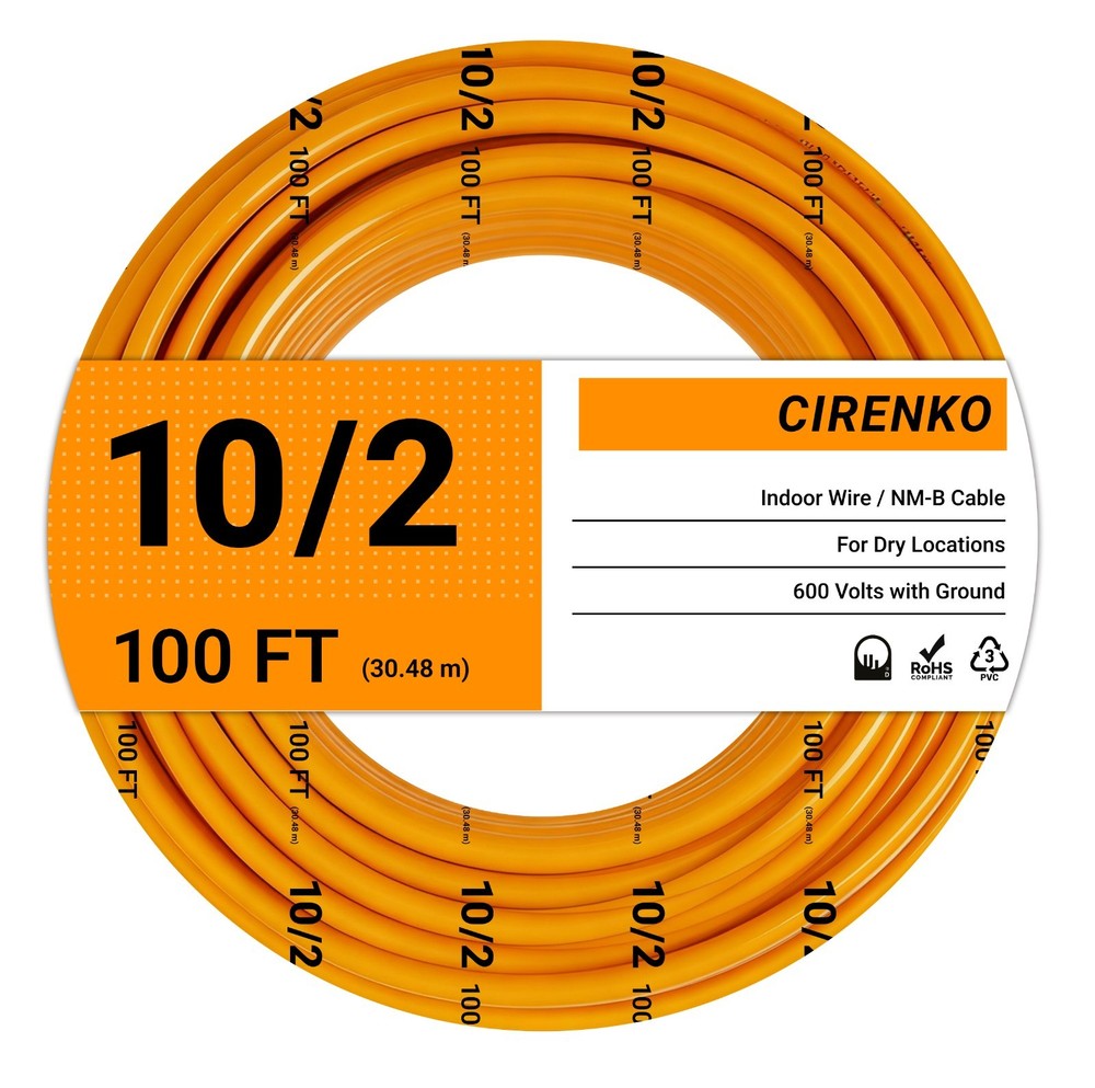 10/2 NM-B Cable 100FT w/Ground Solid Copper 600V UL Listed Orange Jacket
