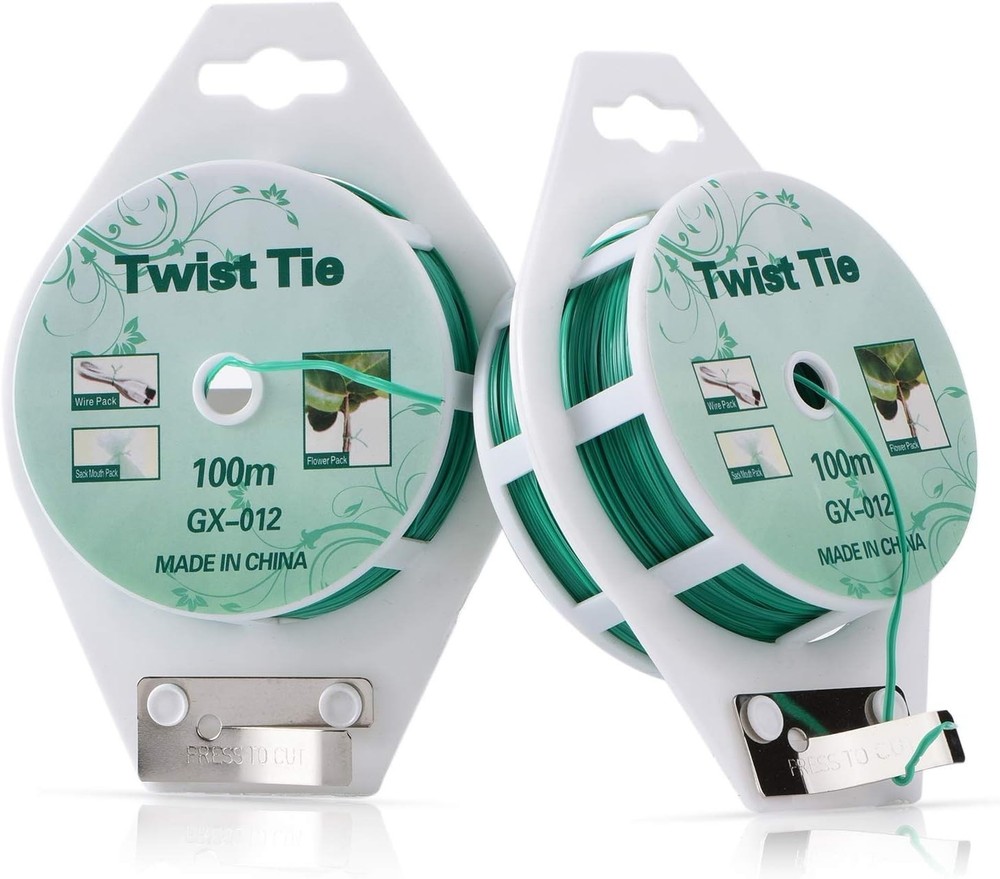 2 Reels 328 Feet (100m) Twist Tie, Green Coated Garden Plant Ties with Cutter fo