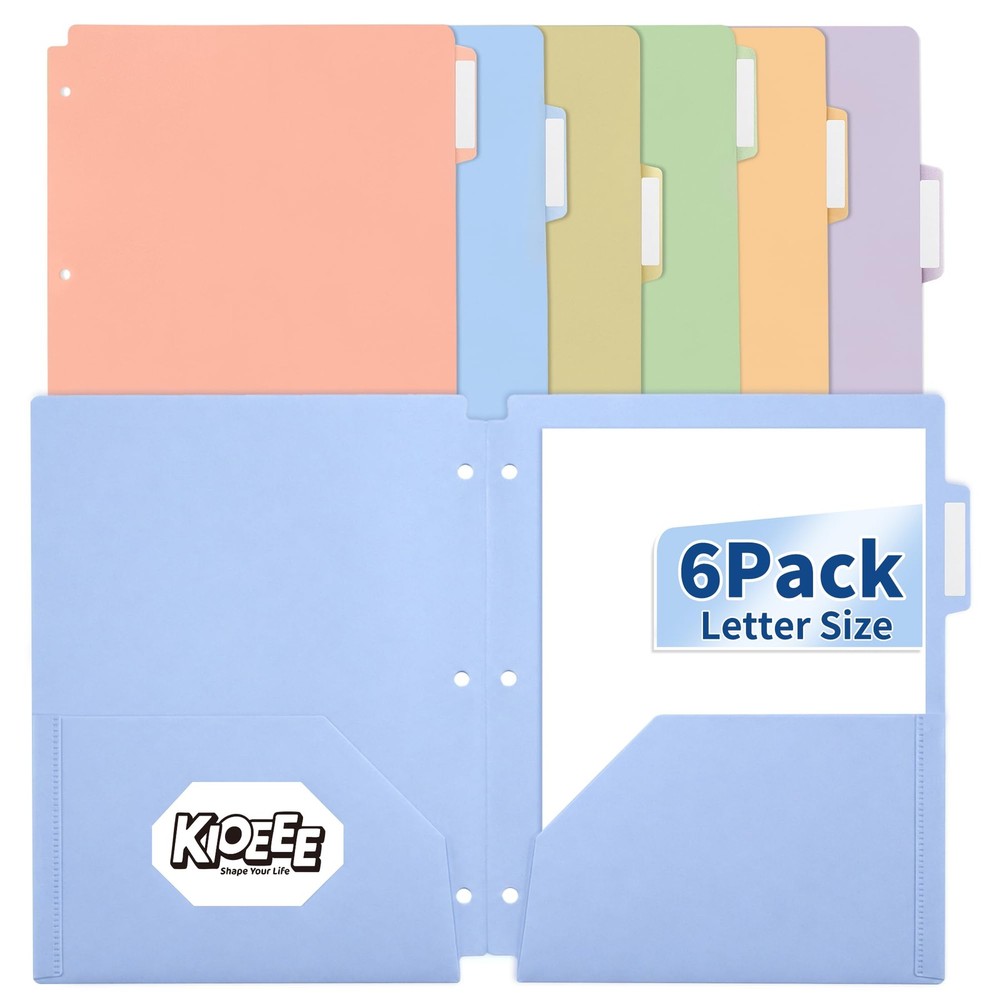 Plastic Folders with Pockets, 3 Hole Punched 6 Pack, Soft Pastel With Tabs
