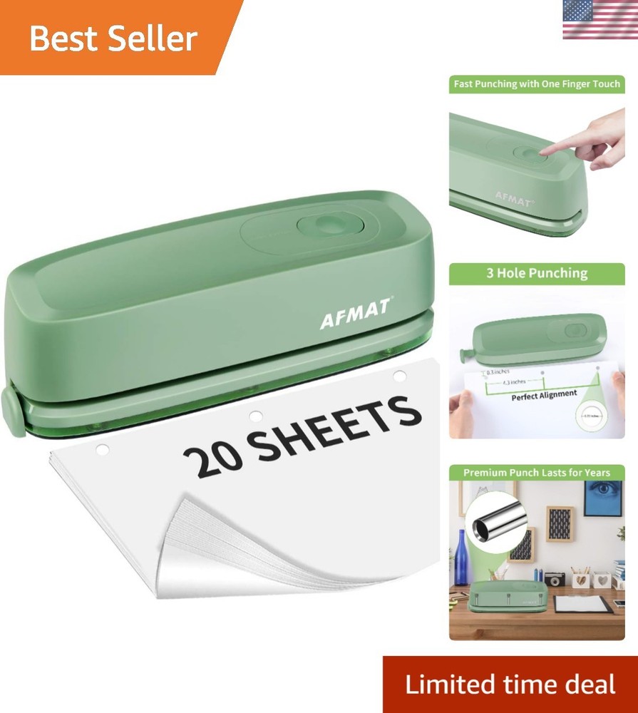 Electric 3 Hole Punch, Effortless 20-Sheet Capacity – AC or Battery Powered