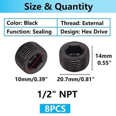 8PCS 1/2″NPT Male Pipe Plug Fitting Black Carbon Steel Pipe Plug Set Internal He