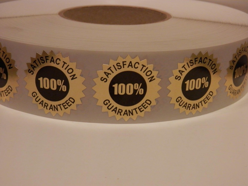 Satisfaction Guaranteed 100% 1.5 Starburst Sticker Label bright gold foil 250/rl