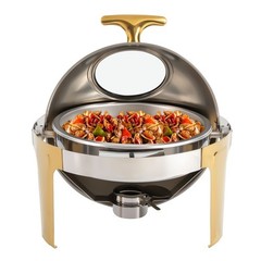 Roll Top Chafing Dish Buffet Set Gold Accent 6.3 Quart Round Stainless Steel