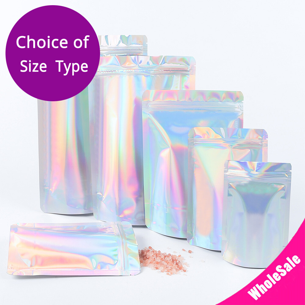 Multi-Size Glossy Holographic Silver Foil Mylar Stand up Zip Lock Pouch Bag S01